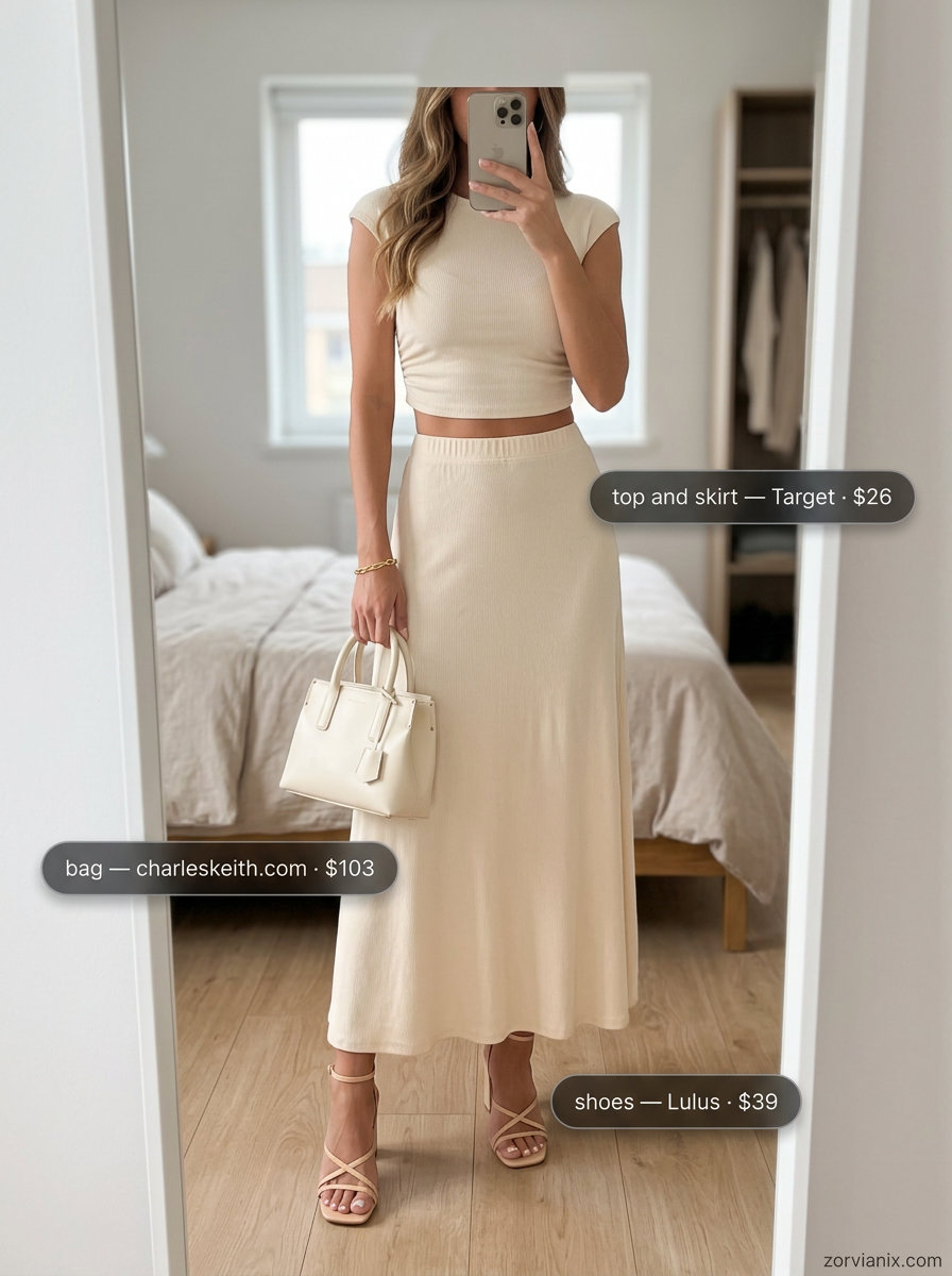 Summer outfits for women with golden skin tone 2026: Cream ribbed midi skirt set with gold jewelry for a polished daytime event.