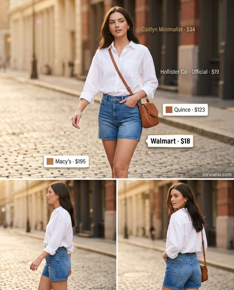 Summer outfits for women with golden skin tone 2026: White linen shirt, denim shorts, tan loafers for a polished casual day.