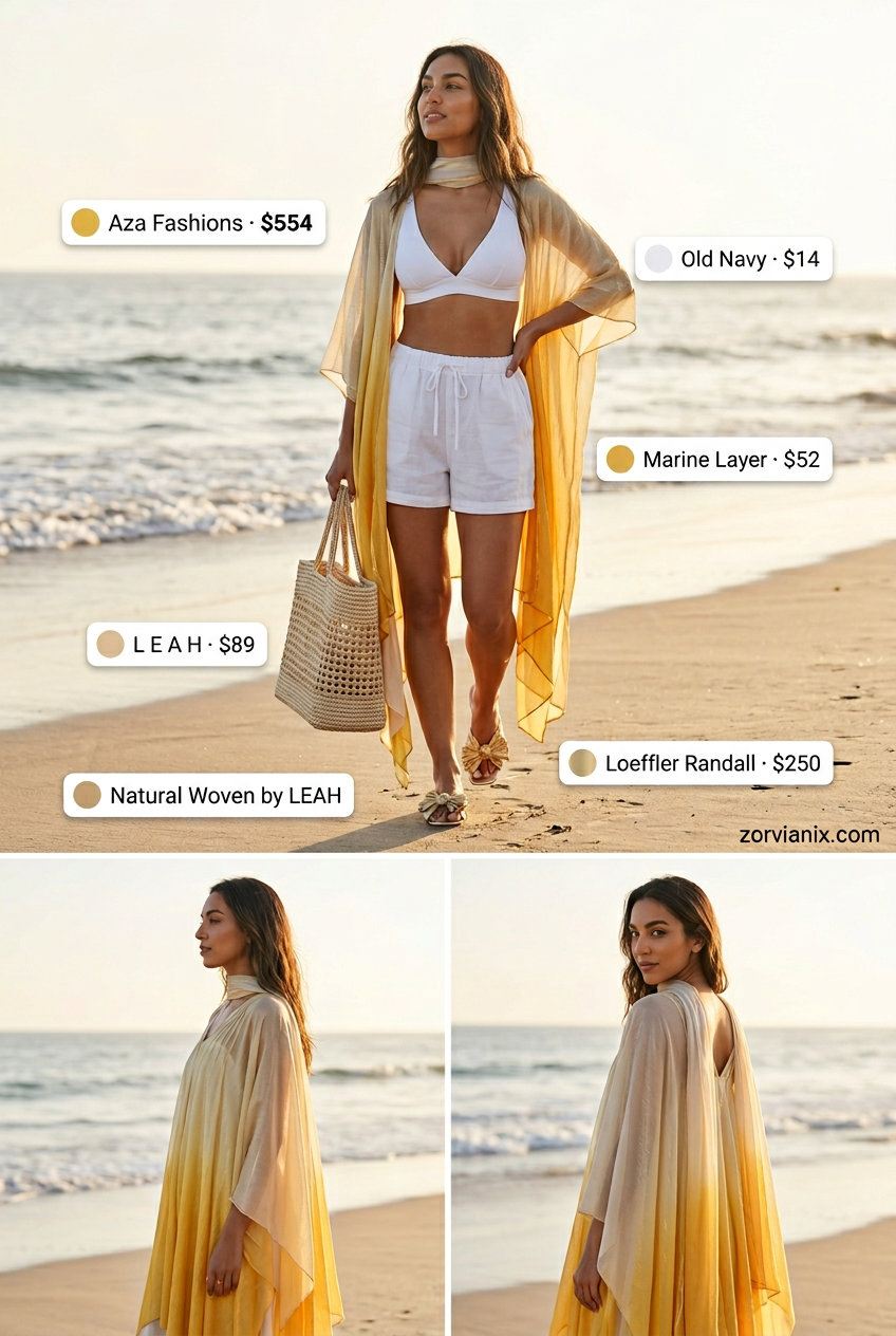 Summer outfits for women with golden skin tone 2026: Golden yellow kaftan, white shorts, embellished sandals for beach or resort wear.