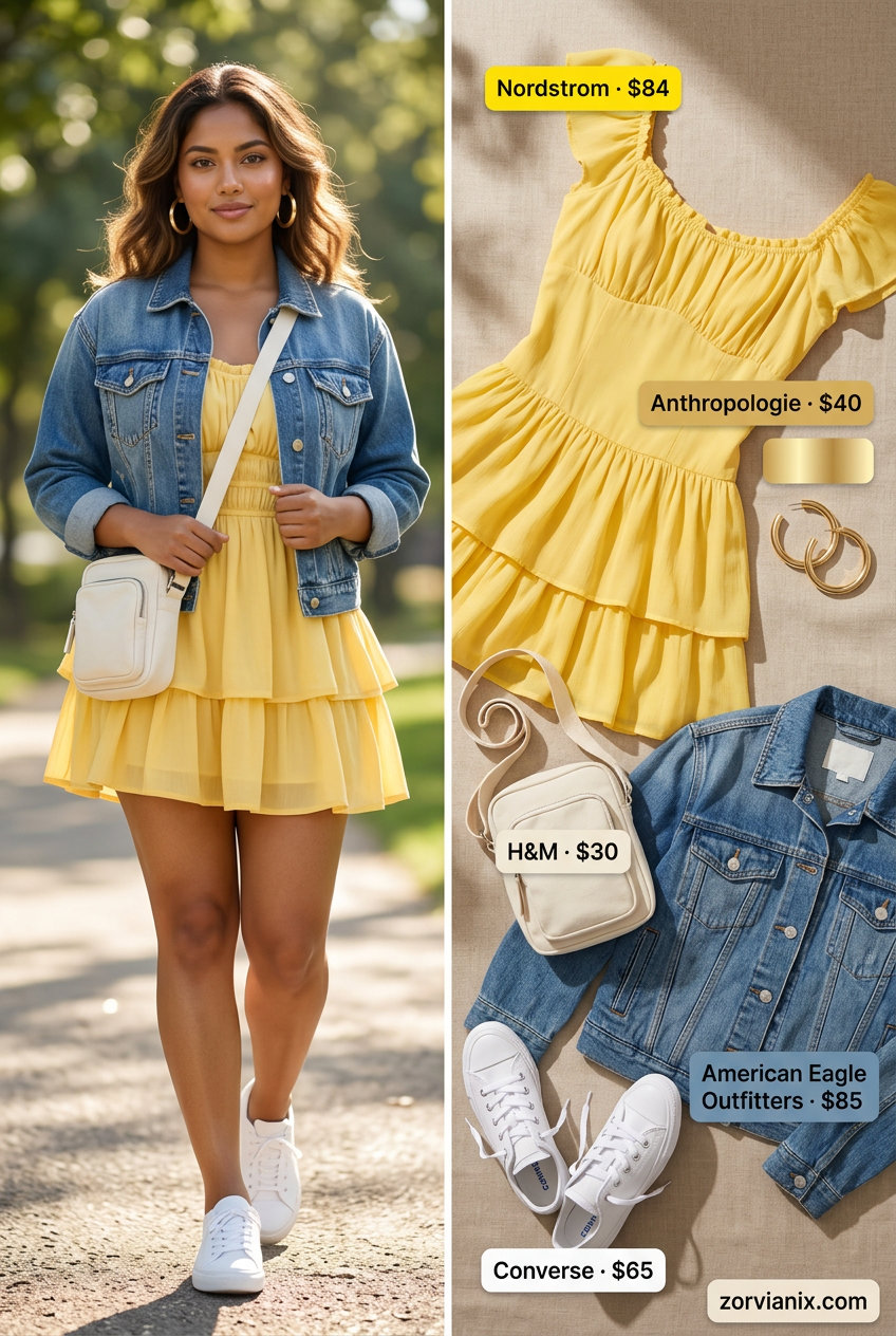 Summer outfits for women with golden skin tone 2026: Yellow mini dress, denim jacket, white sneakers for a playful casual day.