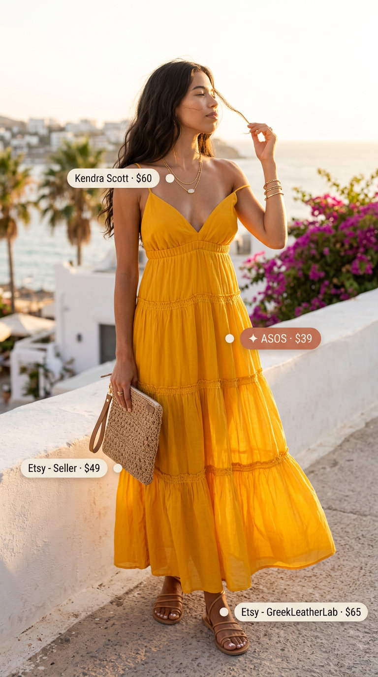 Golden Amber maxi dress with tan sandals and gold jewelry for summer outfits for women with golden skin tone 2026.