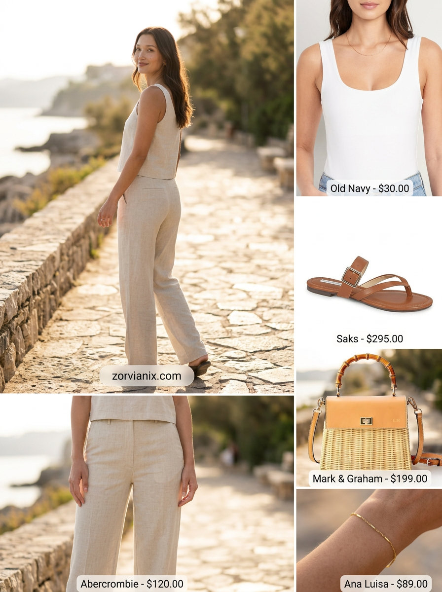 Sandy beige linen trousers with white bodysuit, tan sandals, and straw bag for summer outfits for women with golden skin tone 2026.