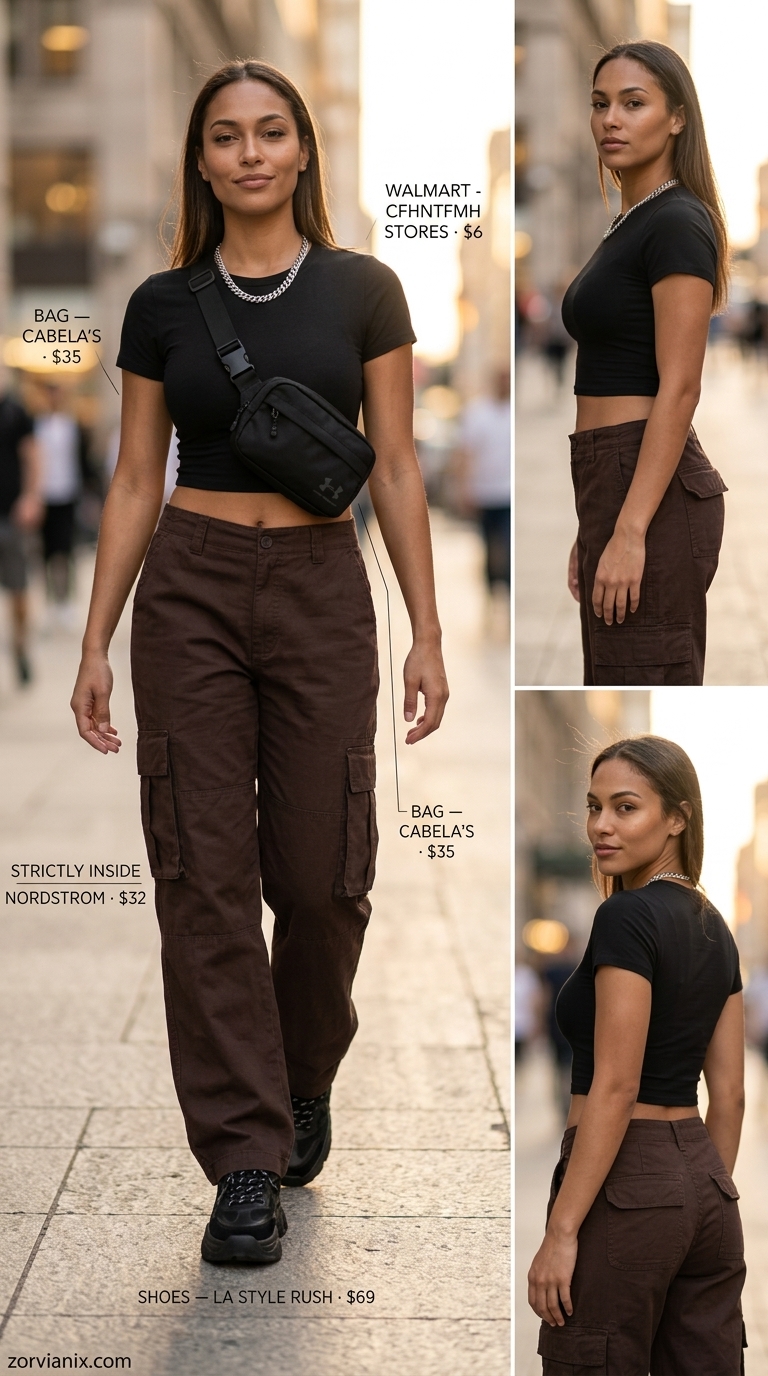 Chocolate brown cargo pants, black crop top, and chunky platform sneakers. Summer outfits for women with golden skin tone 2026.