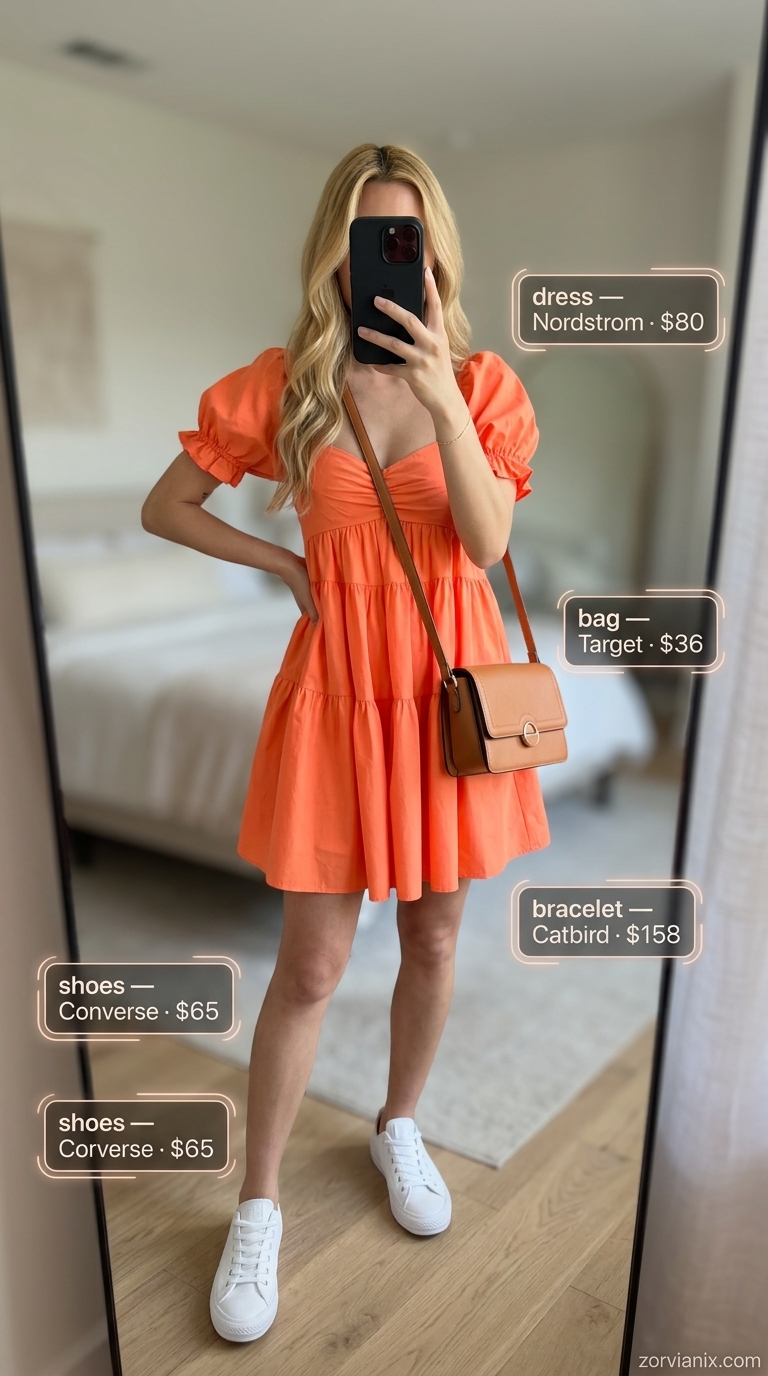 Coral babydoll mini dress with puff sleeves, white sneakers, and tan crossbody bag. Summer outfits for women with golden skin tone 2026.