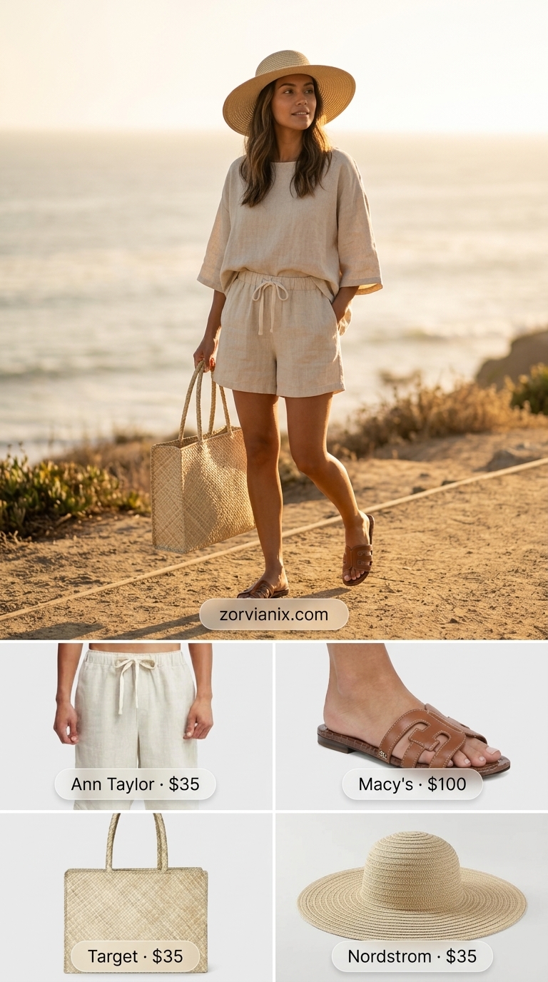 Golden beige linen shorts set with tan sandals and straw tote for summer outfits for women with golden skin tone 2026.