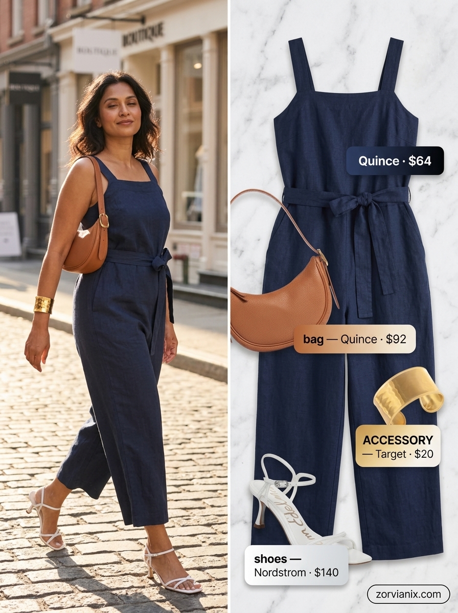Navy blue linen jumpsuit, white heeled sandals, and tan shoulder bag. Summer outfits for women with golden skin tone 2026.