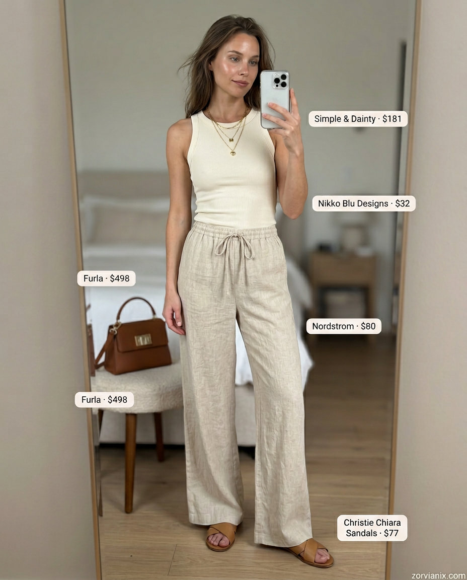 Beige linen pants, cream tank top, and tan flat sandals. Summer outfits for women with golden skin tone 2026.