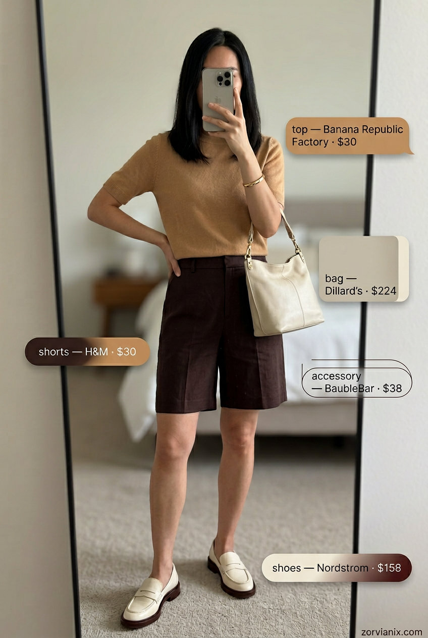 Chocolate brown linen shorts, cream knit sweater, and camel loafers. Summer outfits for women with golden skin tone 2026.