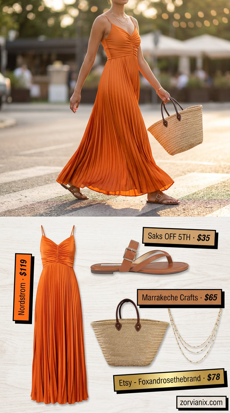 Mango orange maxi dress, tan flat sandals, and straw tote bag. Summer outfits for women with golden skin tone 2026.