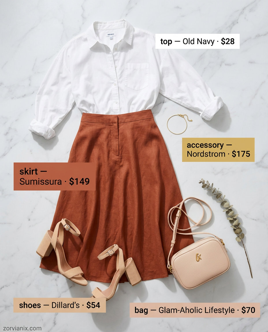 Terracotta A-line midi skirt, white oversized shirt, and suede block heels. Summer outfits for women with golden skin tone 2026.