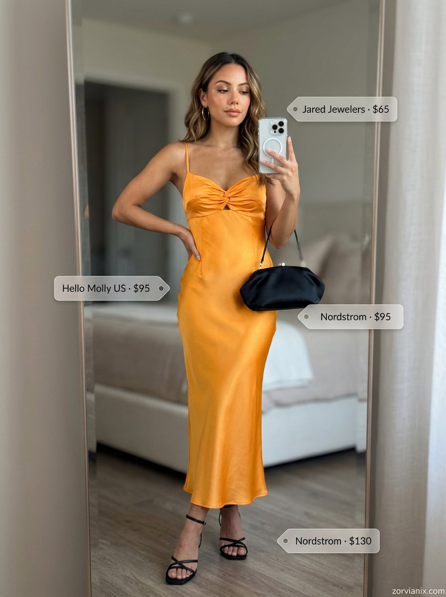 Mango orange satin midi wrap dress, black heeled sandals, and black clutch. Summer outfits for women with golden skin tone 2026.