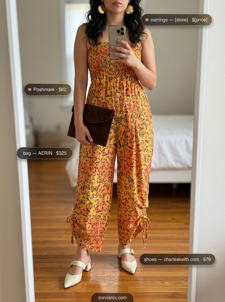 Monarch orange wide-leg jumpsuit with cream heels and brown clutch for summer outfits for women with golden skin tone 2026.