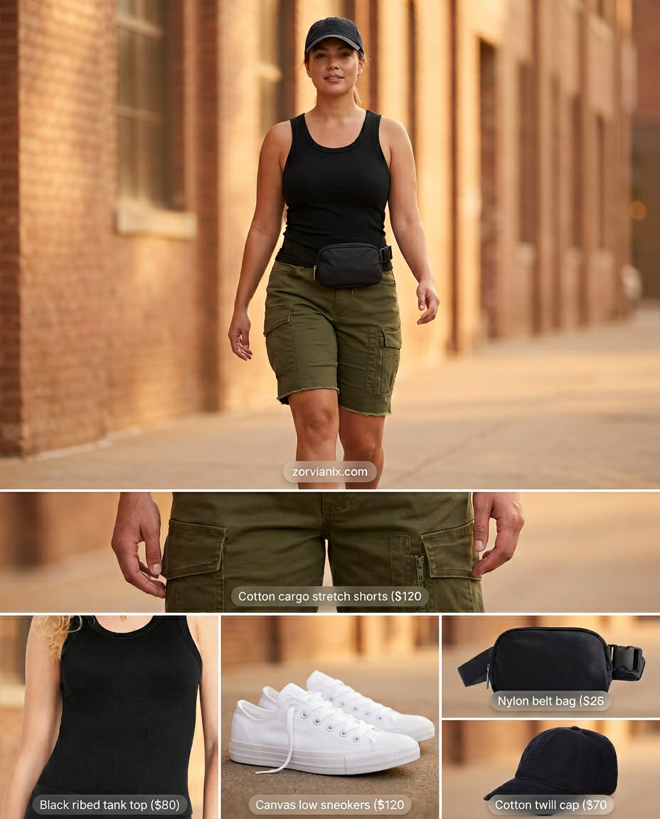 Olive green cargo shorts with black tank, white sneakers, and black belt bag for summer outfits for women with golden skin tone 2026.