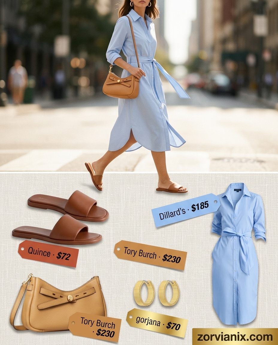 Muted blue shirtdress, tan leather slides, and tan crossbody bag. Summer outfits for women with golden skin tone 2026.