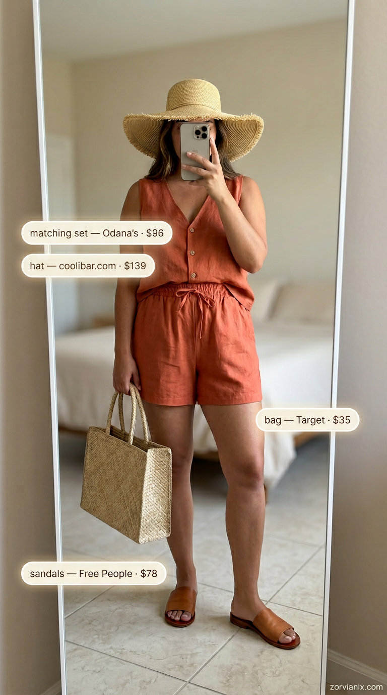 Terracotta linen shorts set with white shirt, straw tote, and leather sandals for summer outfits for women with golden skin tone 2026.