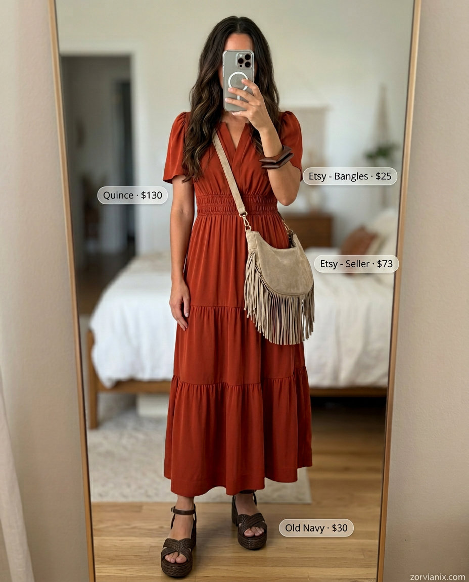 Terracotta tiered maxi dress with wood bangles and raffia sandals for summer outfits for women with golden skin tone 2026.