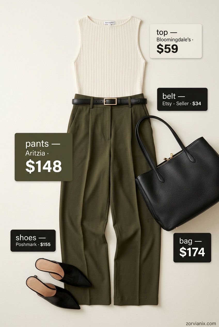 Olive green wide-leg trousers, cream knit top, and black leather mules. Summer outfits for women with golden skin tone 2026.
