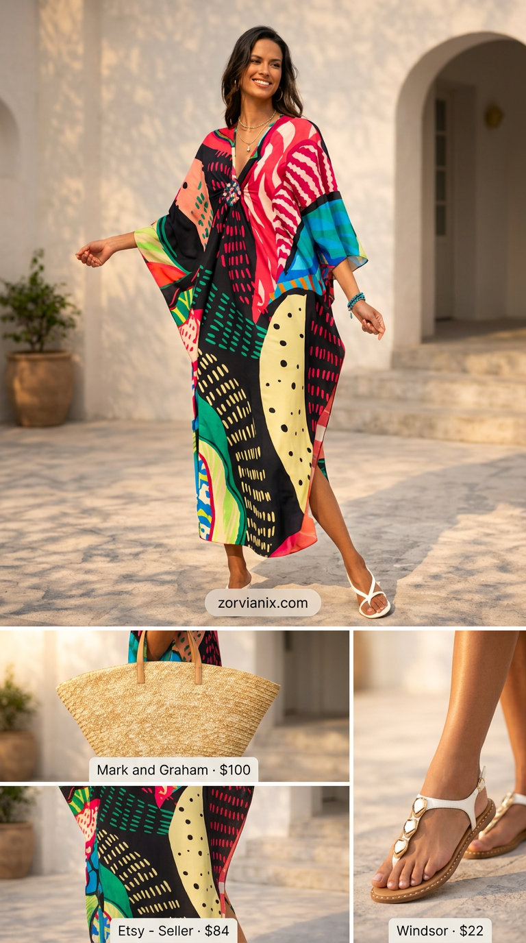 Summer outfits for women with Hourglass Shape 2026: Abstract print maxi caftan, straw hat, tote & embellished sandals.