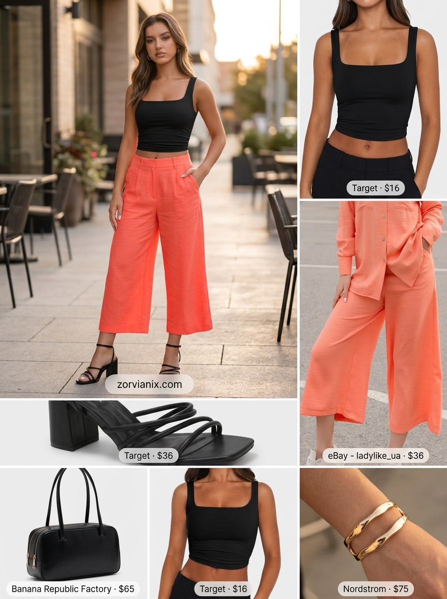 Summer outfits for women with Hourglass Shape 2026: Coral culottes, black crop top, black sandals & gold cuff for brunch.