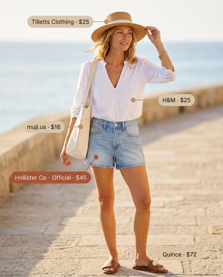 Summer outfits for women with Hourglass Shape 2026: Denim shorts, white eyelet blouse, straw hat, tote & slide sandals.