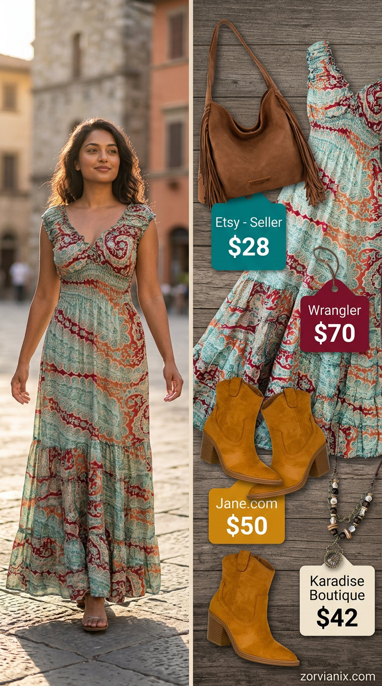 Summer outfits for women with Hourglass Shape 2026: Teal paisley maxi dress, tan boots, fringe bag & layered necklaces.