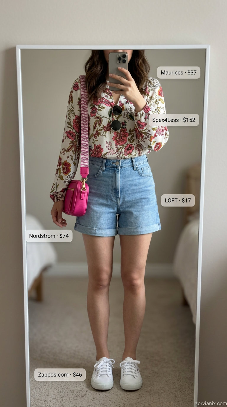 Summer outfits for women with Hourglass Shape 2026: Denim shorts & floral blouse for casual outings.