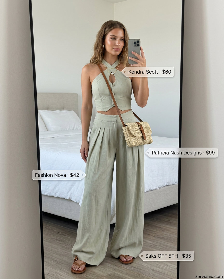 Summer outfits for women with Hourglass Shape 2026: Sage green linen matching set for beach or brunch.