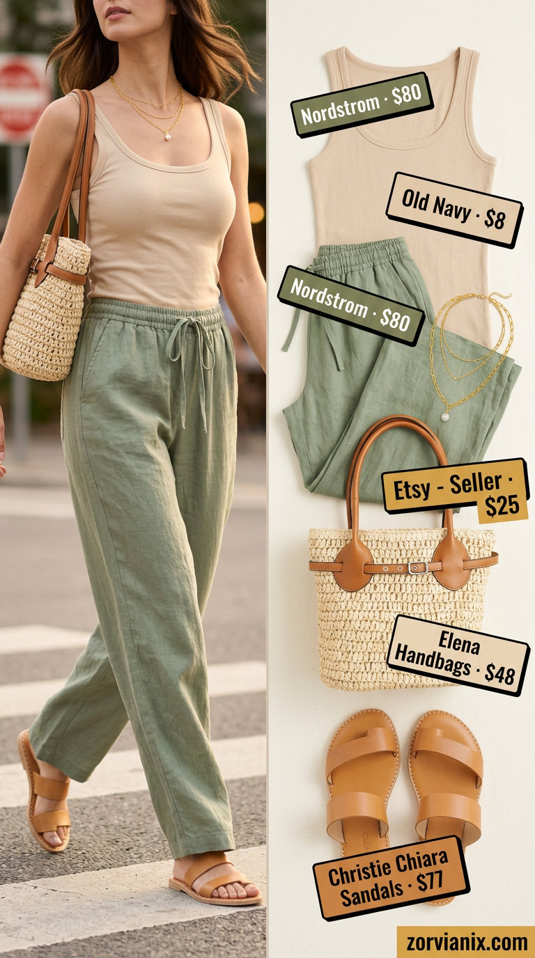 Summer outfits for women with Hourglass Shape 2026: Sage green linen pants & cream tank for casual evenings.
