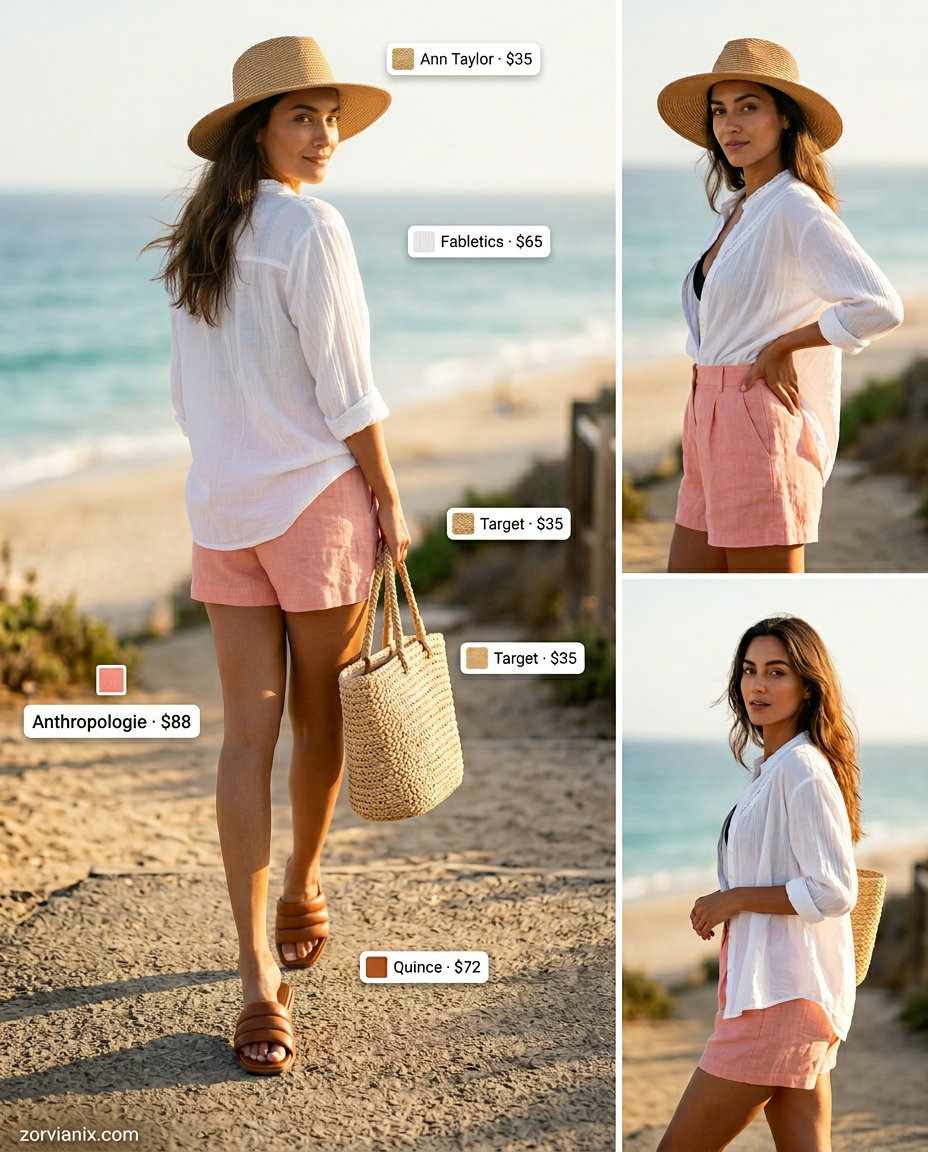 Casual linen shorts set for hourglass shape: coral pink shorts, white oversized shirt, straw tote. Vacation outfits 2026.