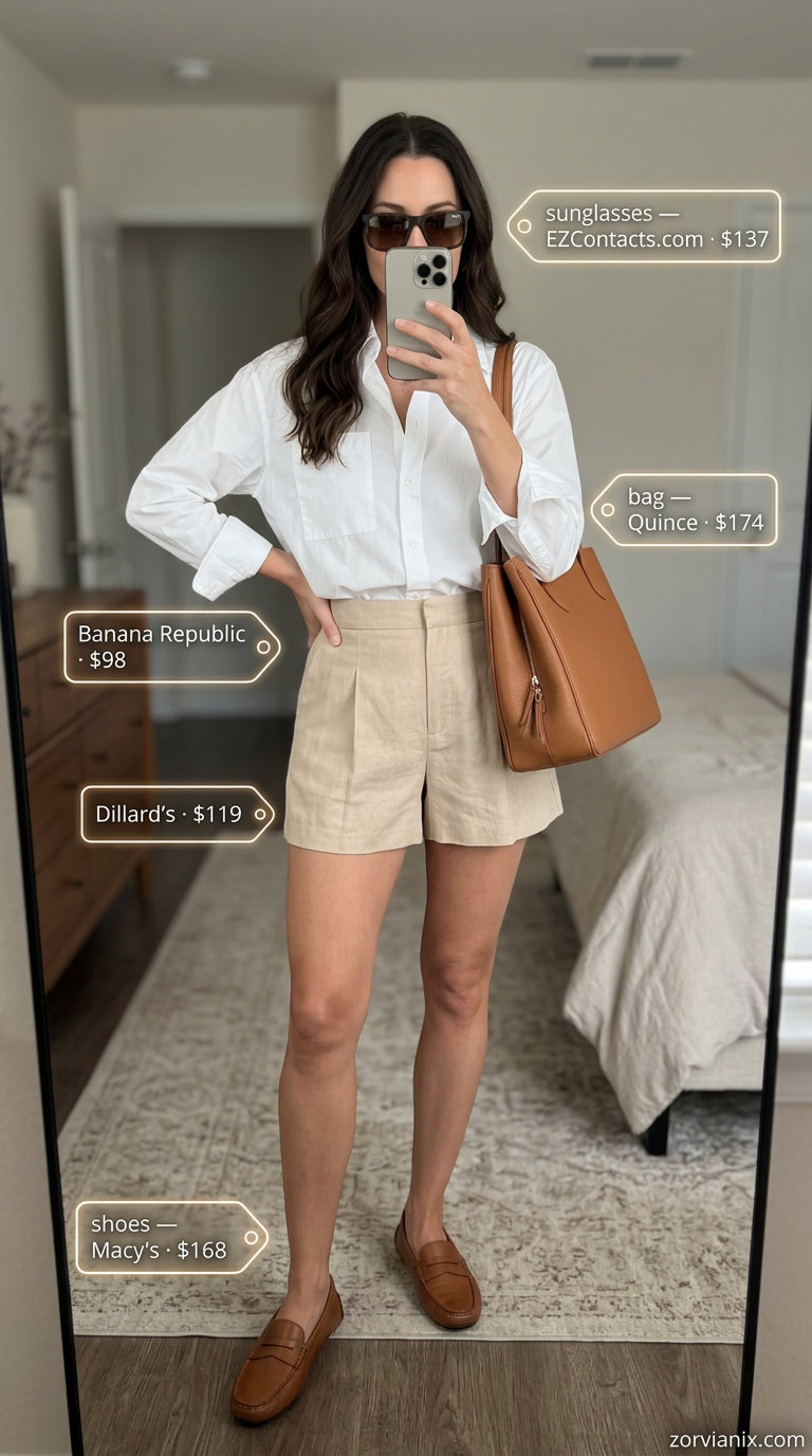Summer outfits for women with Hourglass Shape 2026: Beige linen shorts & white shirt for weekend.