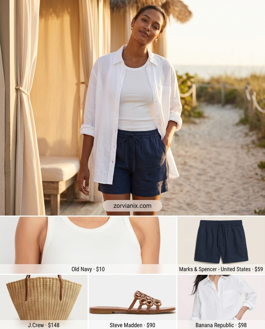 Summer outfits for women with Hourglass Shape 2026: White linen shirt & navy shorts for poolside.