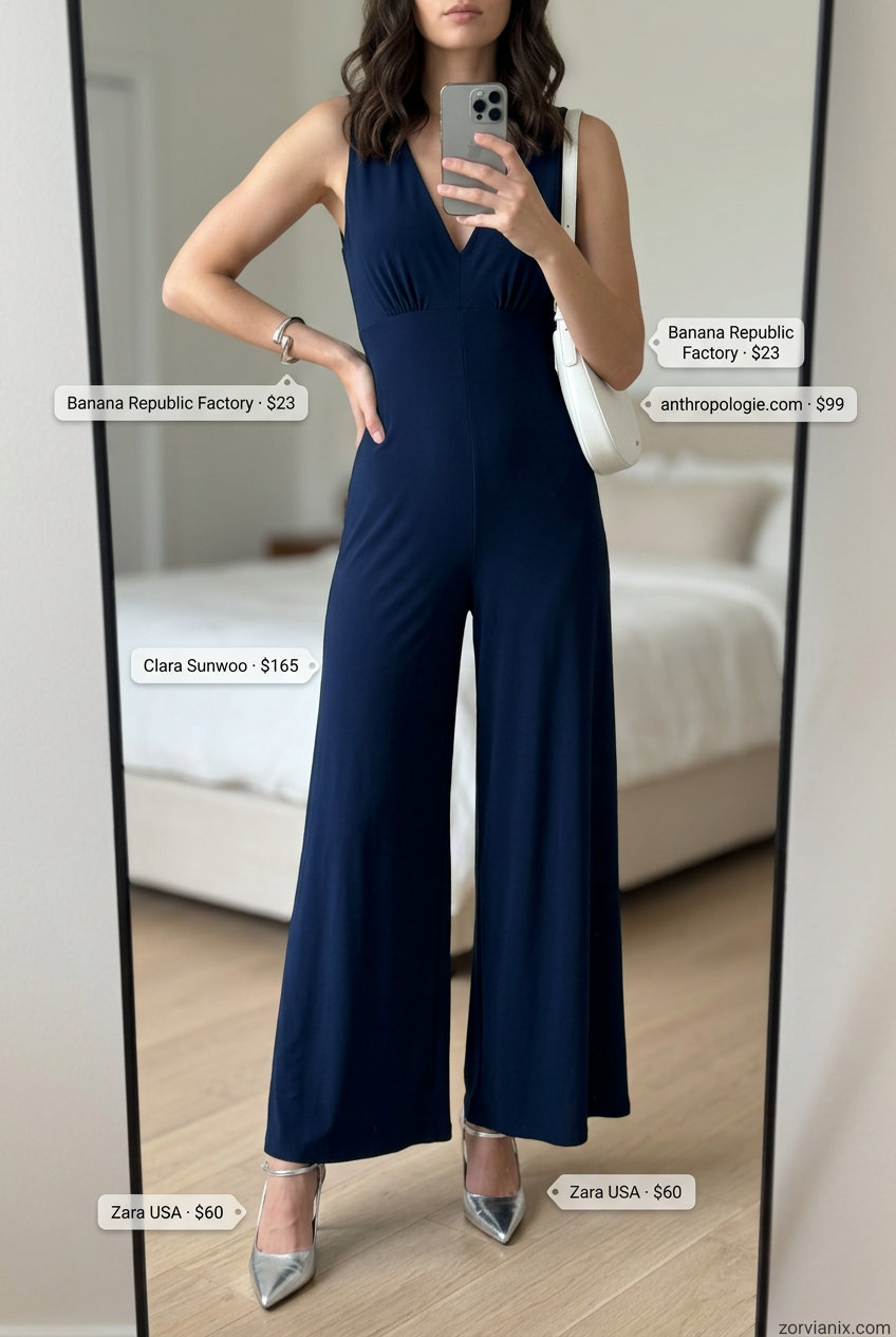 Summer outfits for women with Hourglass Shape 2026: Navy wide-leg jumpsuit for evening events.
