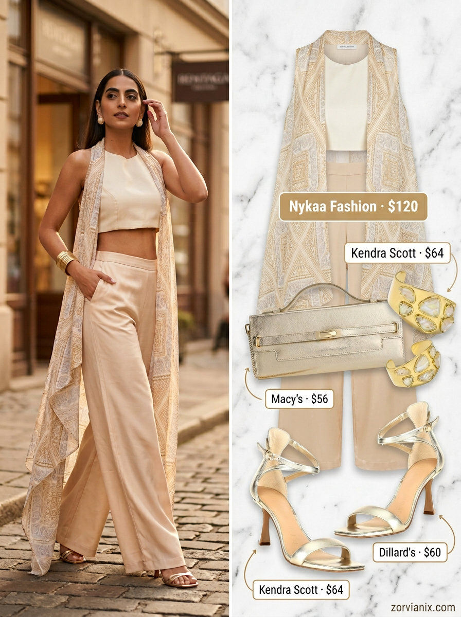 Sophisticated co-ord set for hourglass shape: beige cropped top and wide-leg pants, gold jewelry. Evening outfits 2026.