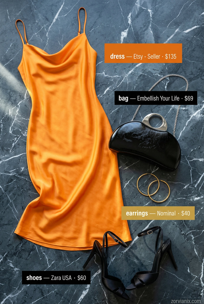 Sunset city slip dress for hourglass shape: mango orange midi dress, black clutch, gold hoops. Evening outfits 2026.