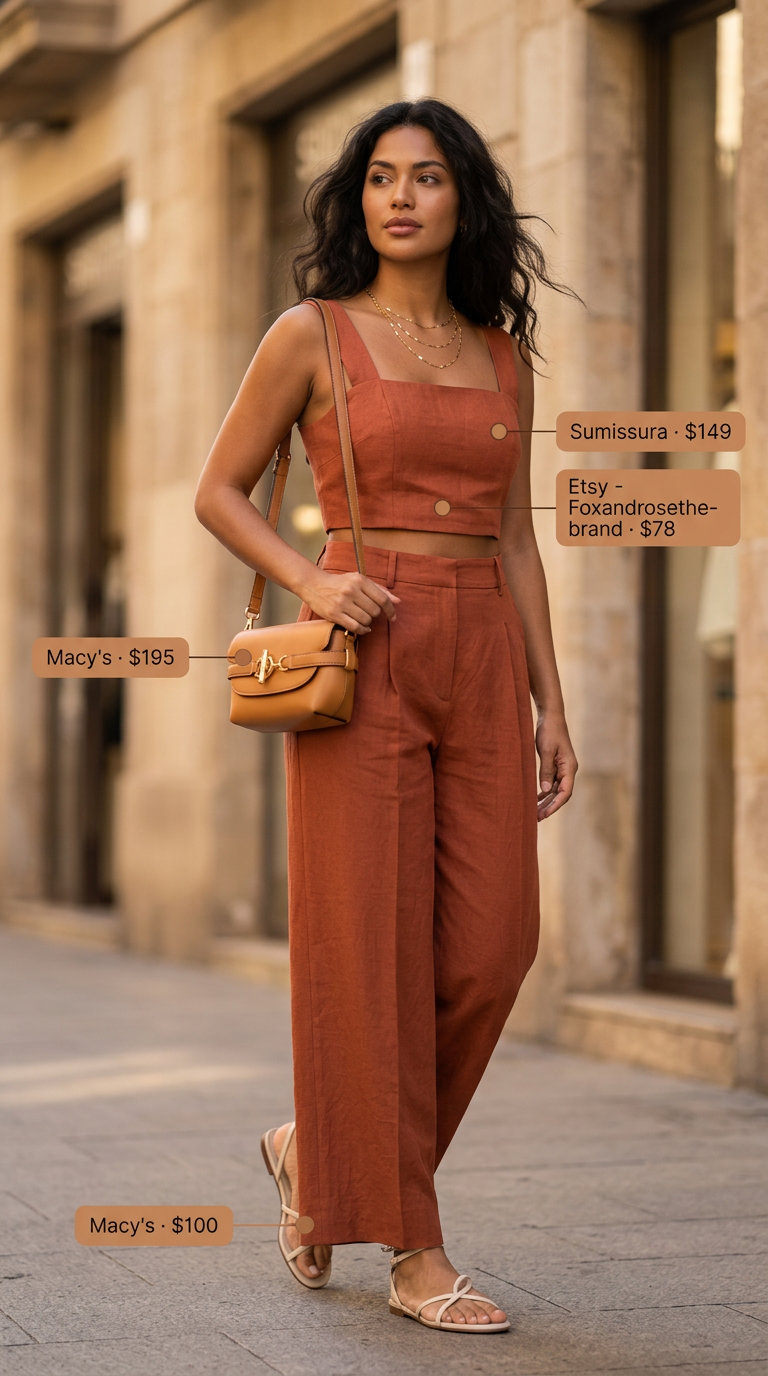 Sunset glow linen set for hourglass shape: terracotta pants and tank, gold necklaces. Evening outfits 2026.