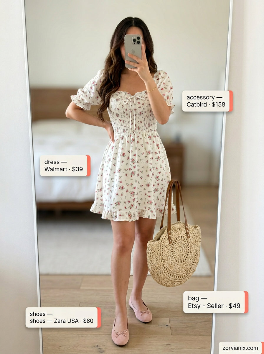Sweetheart sundress for hourglass shape: white eyelet dress, blush pink flats, straw basket bag. Feminine outfits 2026.