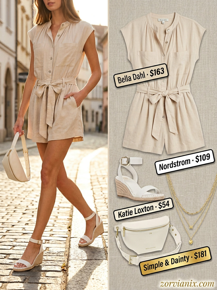 Tailored linen romper for hourglass shape: taupe romper, white belt bag, gold necklaces. Vacation outfits 2026.