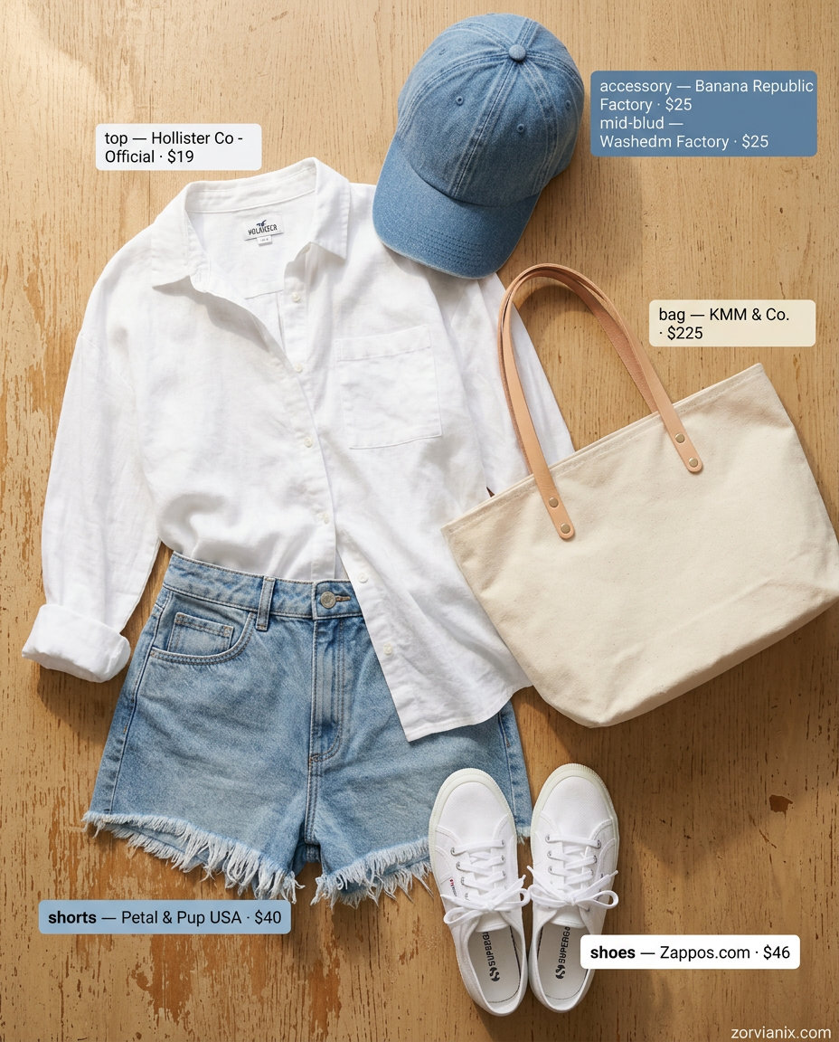 Weekend explorer outfit for hourglass shape: denim shorts, white linen shirt, canvas tote. Casual outfits 2026.