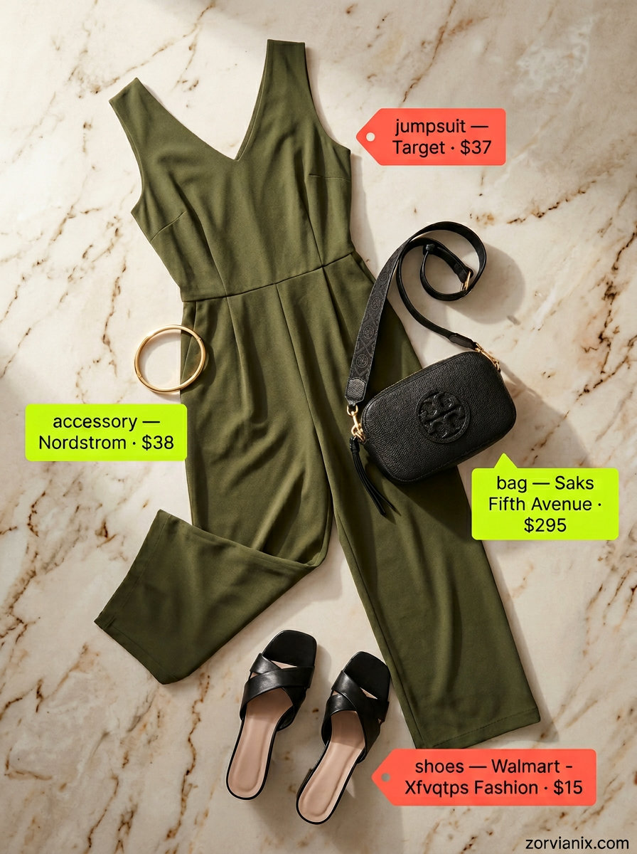 Summer outfits for women with Hourglass Shape 2026: Olive green wide-leg jumpsuit for daytime events.