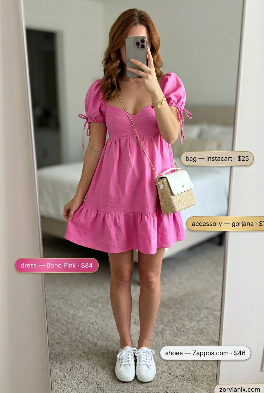 Summer outfits for women with Hourglass Shape 2026: Blush pink sundress, white sneakers, straw bag & gold bracelet.