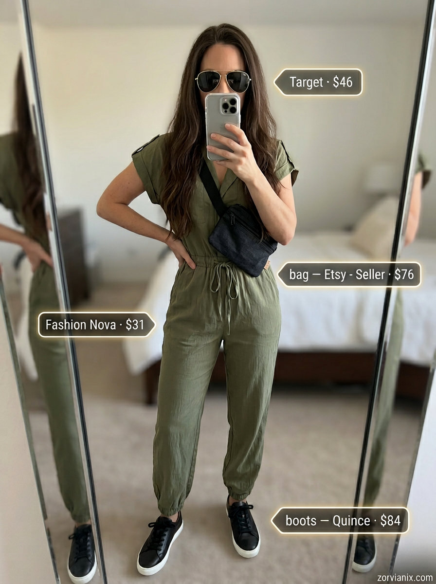 Summer outfits for women with Hourglass Shape 2026: Olive utility jumpsuit, black sneakers, belt bag & aviators for errands.