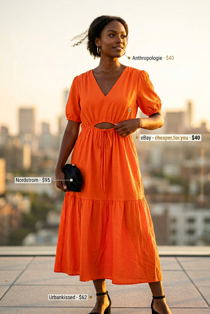 Summer outfits for women with Hourglass Shape 2026: Mango orange wrap dress, black sandals & clutch, gold hoops for date night.
