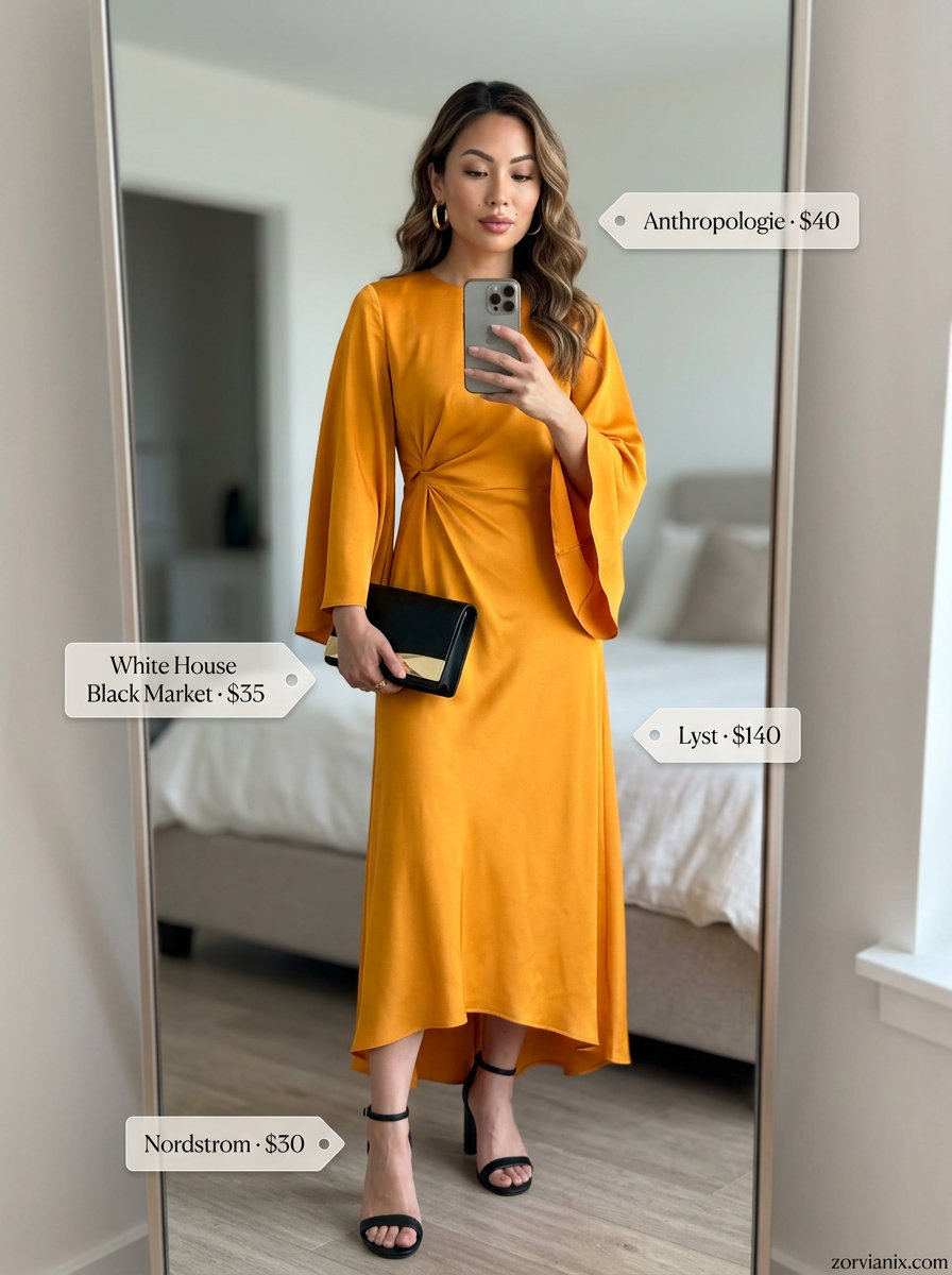 Summer outfits for women with Hourglass Shape 2026: Mango orange midi wrap dress, black sandals & clutch, gold hoops for rooftop dinner.