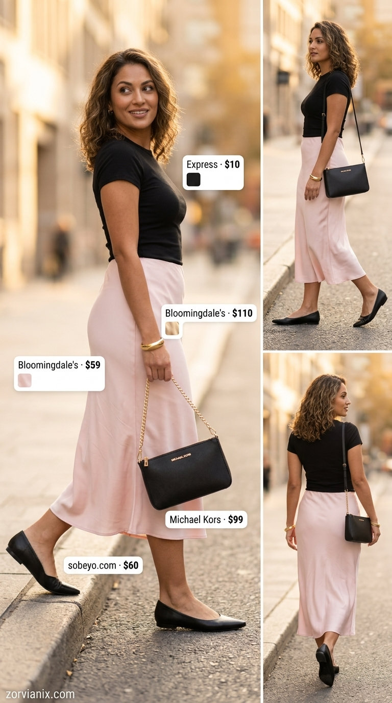 Chic summer outfits for women over 30 2026: blush satin midi skirt, black knit top, ballet flats, leather crossbody.
