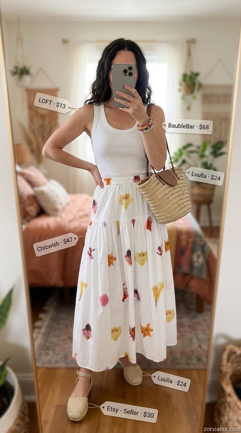 Bohemian summer outfits for women over 30 2026: Pastel floral maxi skirt, white tank top, espadrilles, and straw tote.