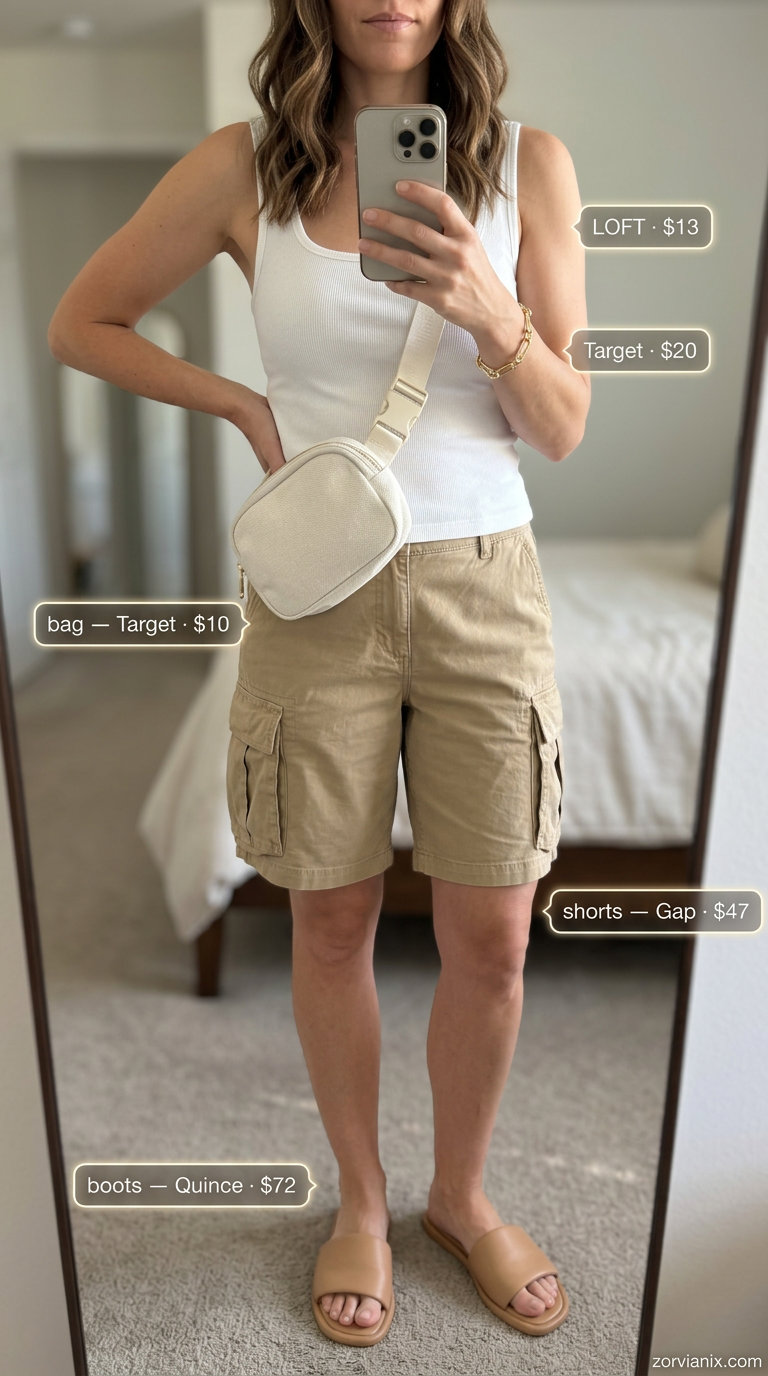 Stylish summer outfits for women over 30 2026: khaki cargo shorts, white tank, leather slides, canvas belt bag.