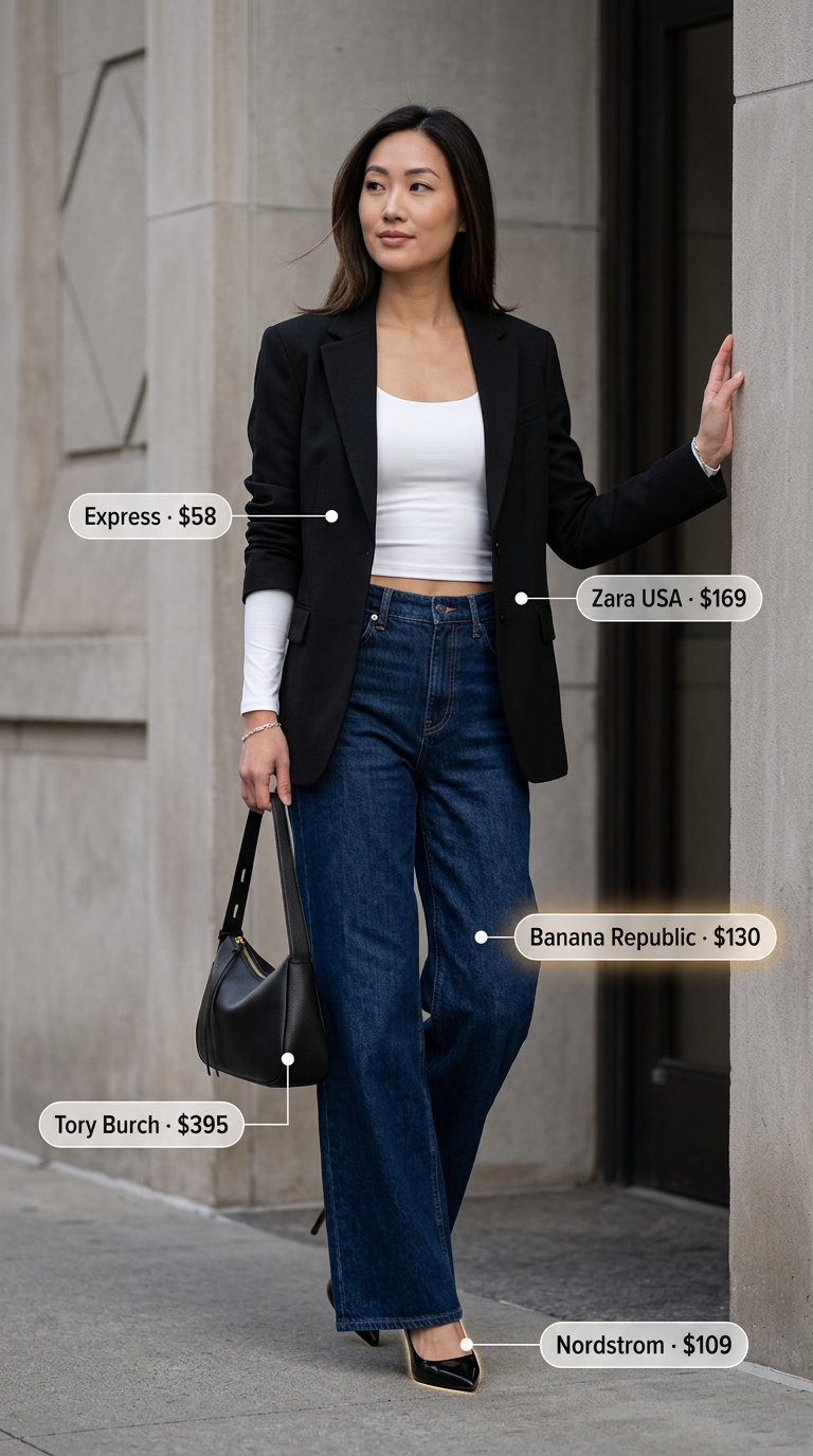 Sophisticated summer outfits for women over 30 2026: Dark blue wide-leg jeans, white bodysuit, black blazer, and pumps.