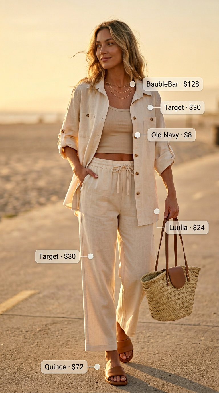 Chic summer outfits for women over 30 2026: Cream linen set, tan slides, and straw tote bag.