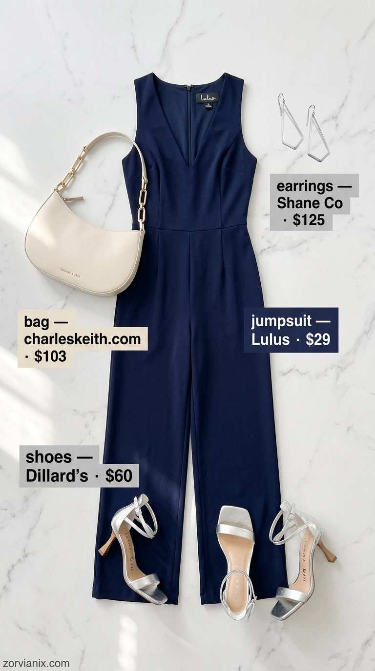 Sophisticated summer outfits for women over 30 2026: navy wide-leg jumpsuit, silver heels, white structured bag.