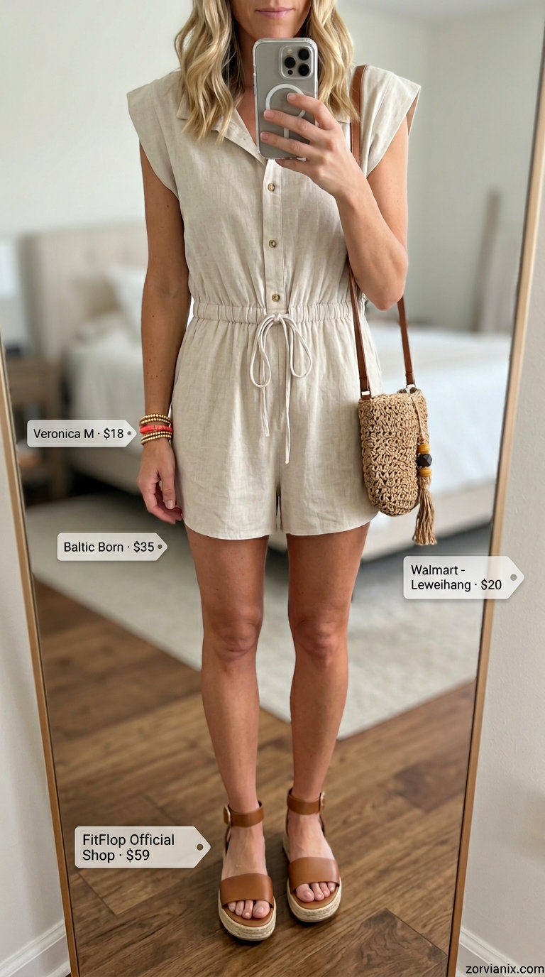 Casual summer outfits for women over 30 2026: light beige linen romper, straw bag, coral bracelet, tan espadrilles.